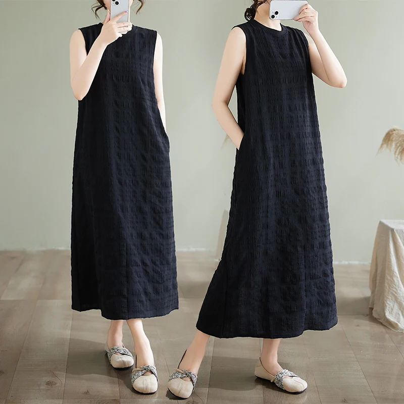 NYFS 2025 فستان نسائي صيفي جديد Vestidos رداء Ete فام Elbise فضفاض س الرقبة سترة دون أكمام فساتين طويلة