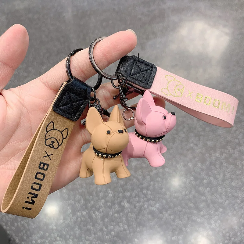 Fashion Punk French Bulldog Keychain PU Leather Dog Keychains for Women Bag Pendant Jewelry Trinket Men\'s Car Key Ring Key Chain