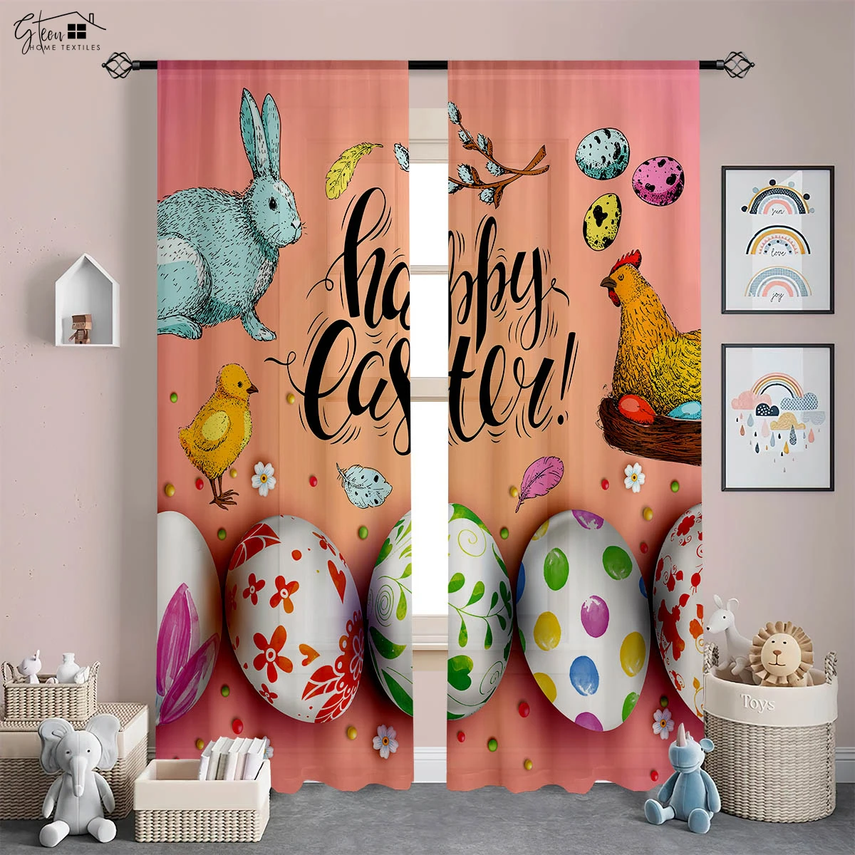 Colorful Egg Rabbit Cartoon Print Curtain Bedroom Living Room Kitchen Easter Decoration Curtain Children Gift 2 Pieces