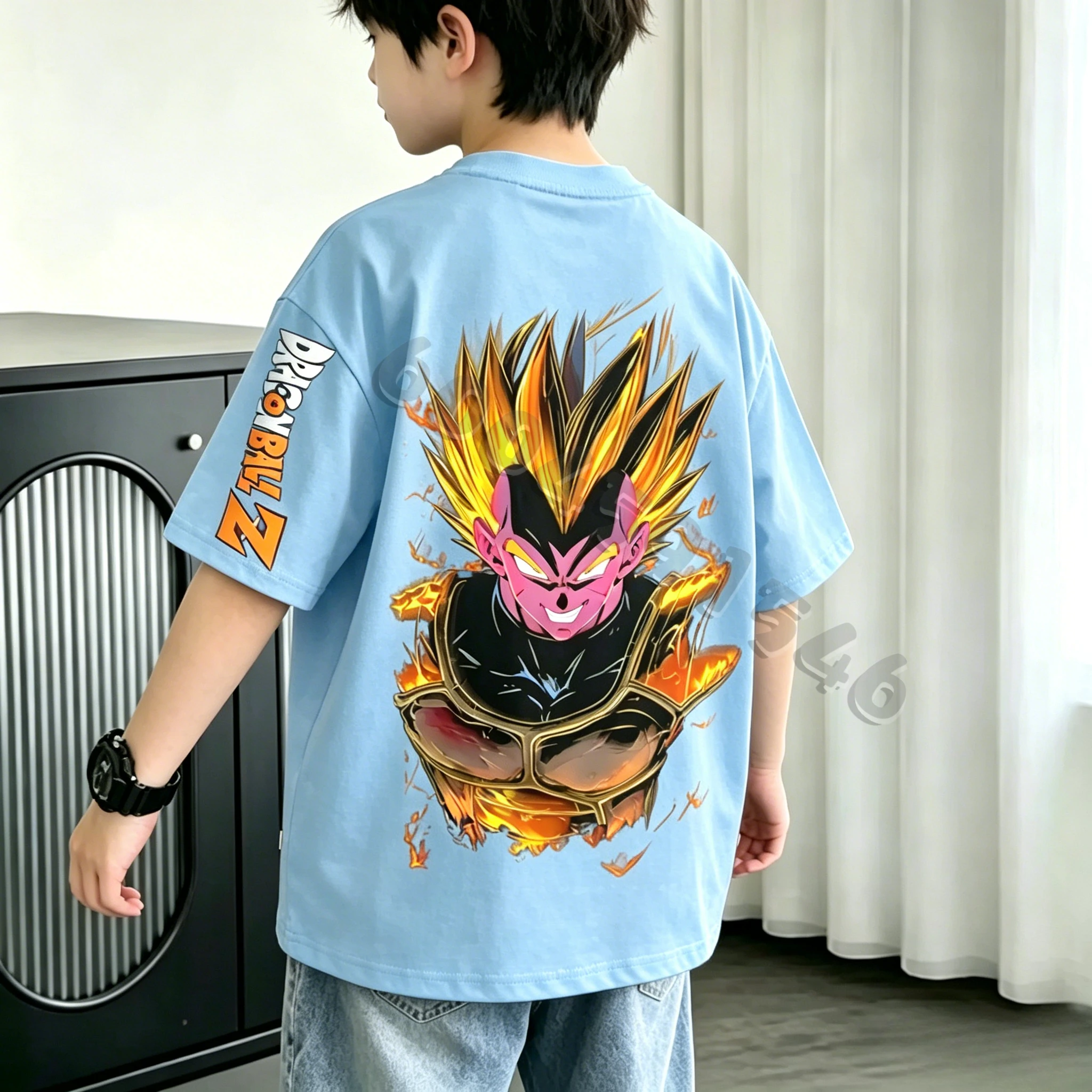 Summer children's cotton T-shirt - Boys and girls' trendy Dragon Ball ultra-line character letter print summer short-sleeved top