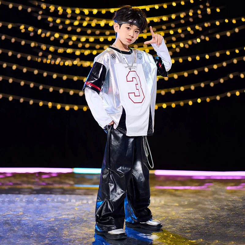 طفل الجاز ملابس رقص الحديثة لفتاة رقم 3 طباعة قصيرة الأكمام بلايز جلدية السراويل السوداء دعوى الأولاد الهيب هوب ملابس الرقص مجموعة