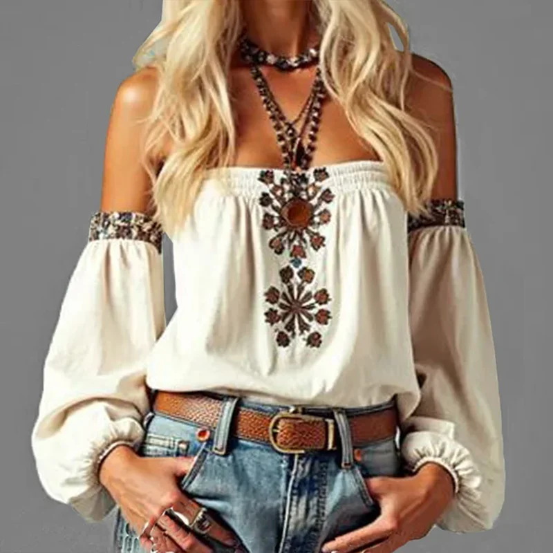 

Bohemian Off Shoulder Blouse for Women Ethnic Print Lantern Sleeve Long Sleeve Shirt Chic Casual Top for Spring Summer
