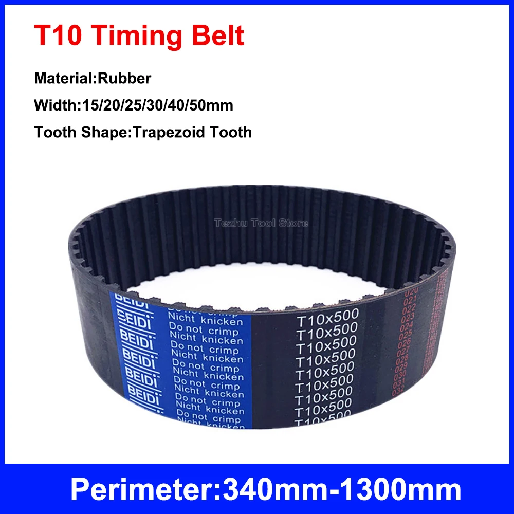 1PCS T10 Timing Belt Perimeter 340mm-1300mm Black Rubber Closed Loop Synchronous Belt Width 15/20/25/30/40/50mm