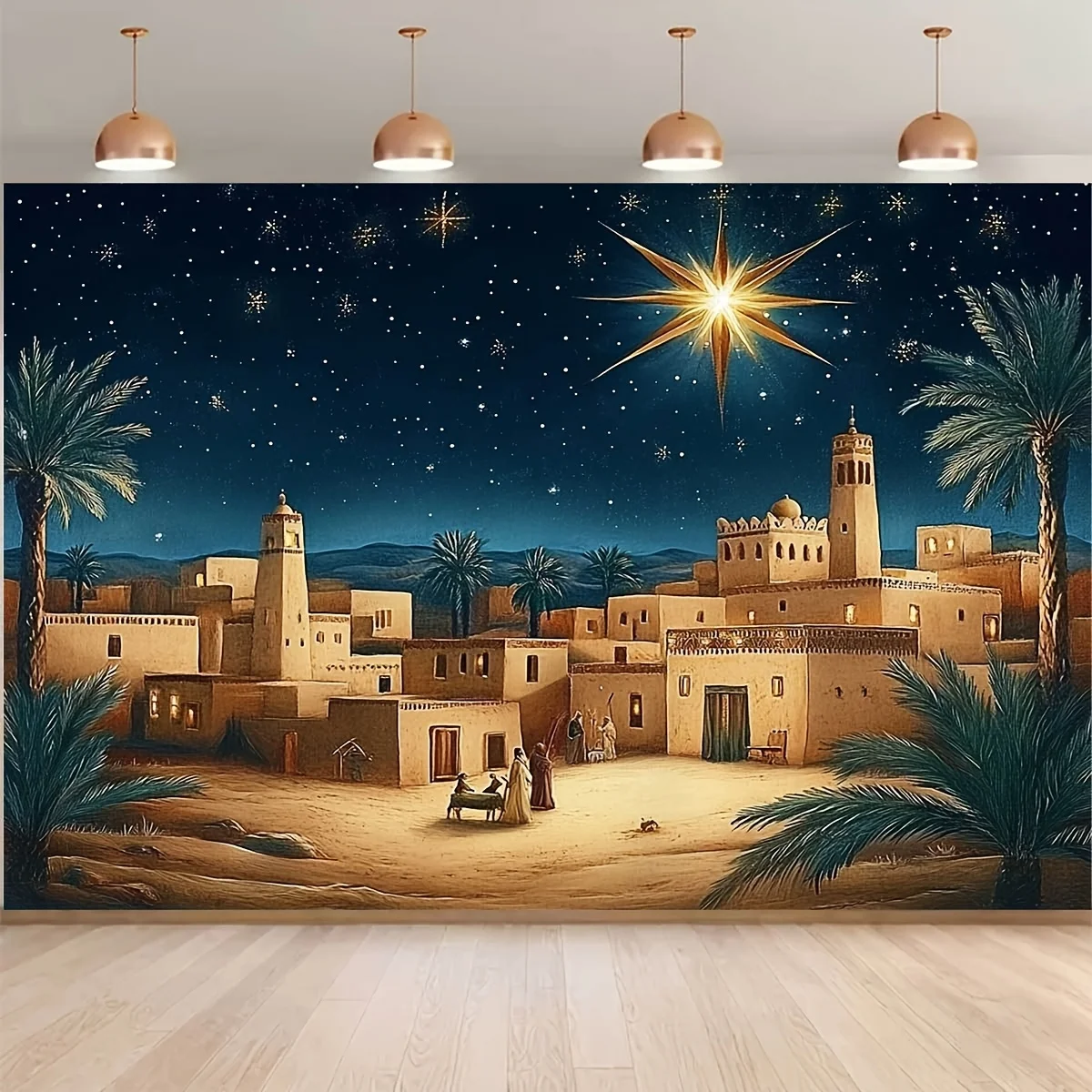 1-teiliges Bethlehem Star Weihnachts-Hintergrundtuch – ein ruhiger Nachthimmel und Palmenbaum-Design, Hintergrundtuch