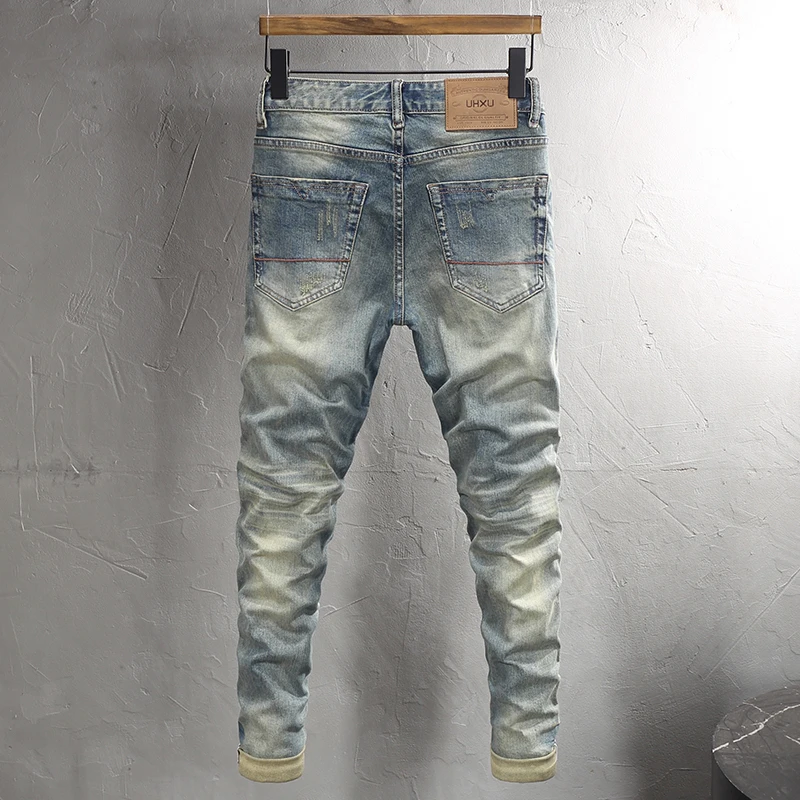 Fashion Designer Men Jeans High Quality Retro Washed Blue Elastic Slim Fit Ripped Jeans Men Trousers Vintage Denim Pants Hombre