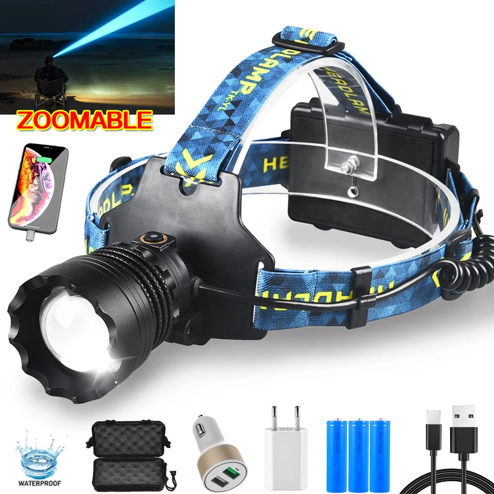 1500M Long Range LED Headlamp Type-C Rechargeable Zoomable Headlight Power Bank Outdoor Camping Fishing 18650 Head Light Fishing