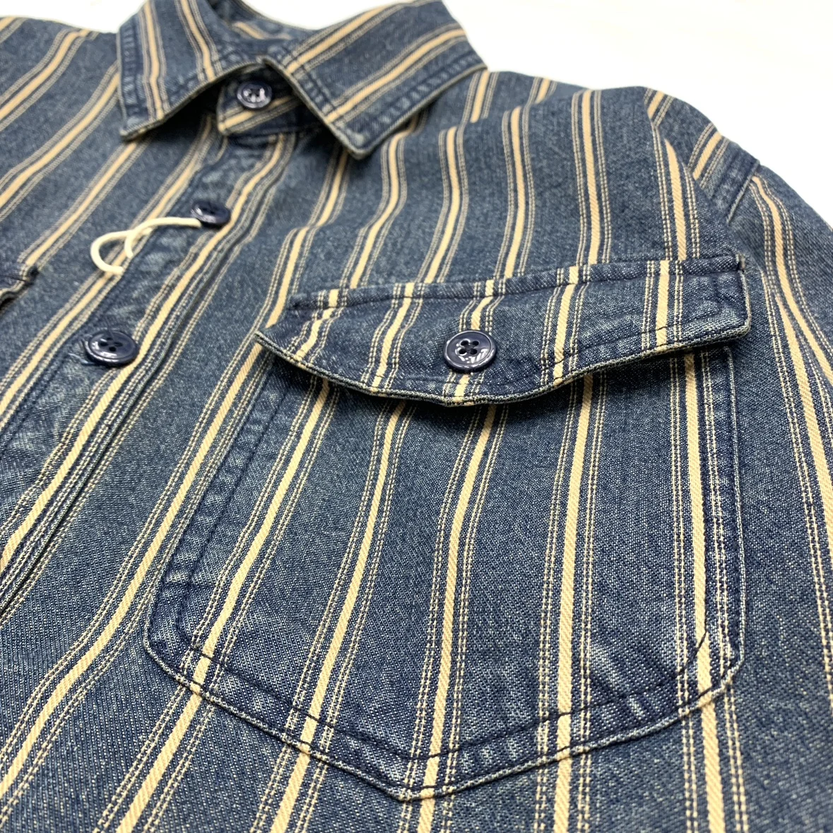 Amekaji Striped Denim Shirt for Men Heavyweight Thick Pure 100% Cotton Japanese Retro Long Sleeve Loose Fit Workwear Jacket