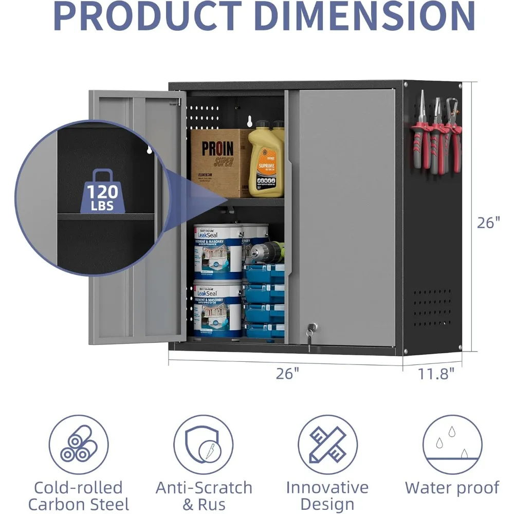 Металлический запираемый гаражный настенный шкаф с регулируемой полкой, 2-мя дверцами и перфорированной доской для хранения инструментов