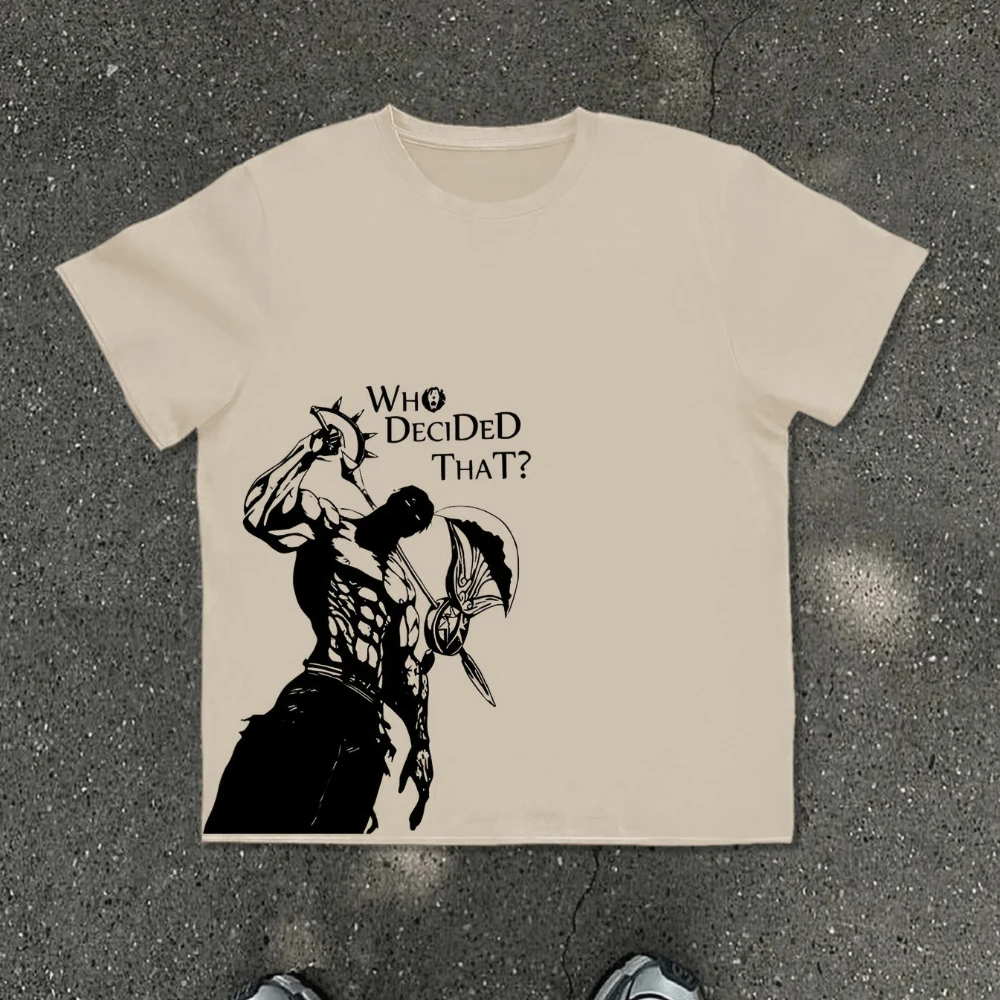 Vintage Women's Funny Anime Who Decided That? Graphic T-Shirt Streetwear Men Oversize Tee Top Casual Trend Loose Summer Meme