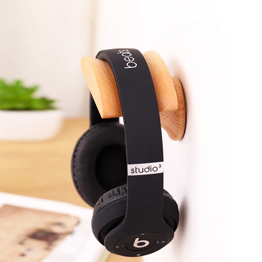 HeMu No-Drill Wooden Headphone Stand, Wall Mounted Headset Hanger, Universal Organizer for Gaming Headphones & Accessories,
