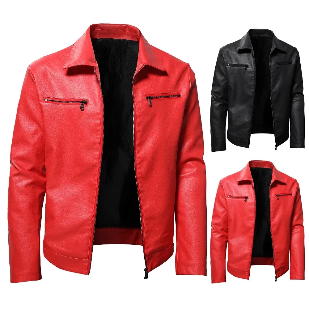 Chaquetas de cuero PU para hombre, chaqueta de moda, color sólido, cuello alto, cremallera, Punk, Vintage, motociclista, rojo, negro, otoño, 2024