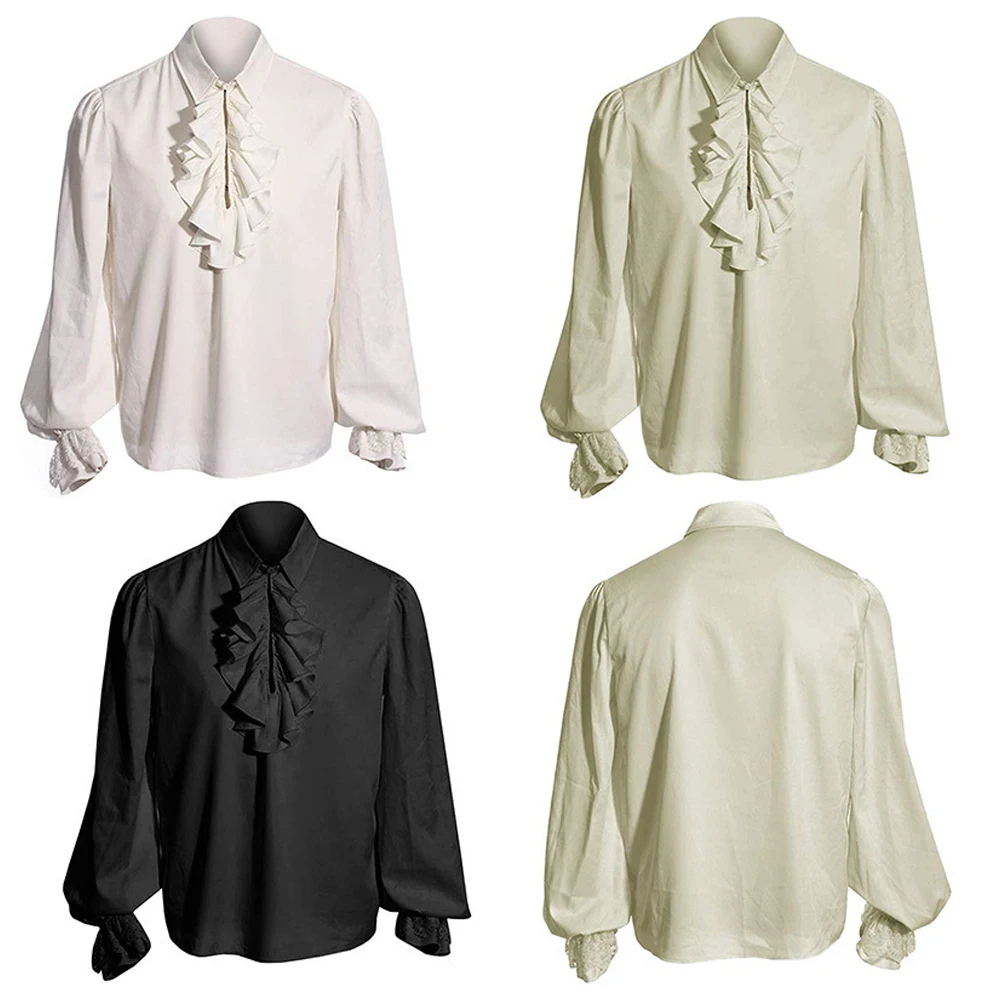 Mens Medieval Gothic Shirt Frill Victorian Punk Puff Sleeve Retro Tops Costume Frill Ruffle Dress Shirt Silk Cravat Shirt