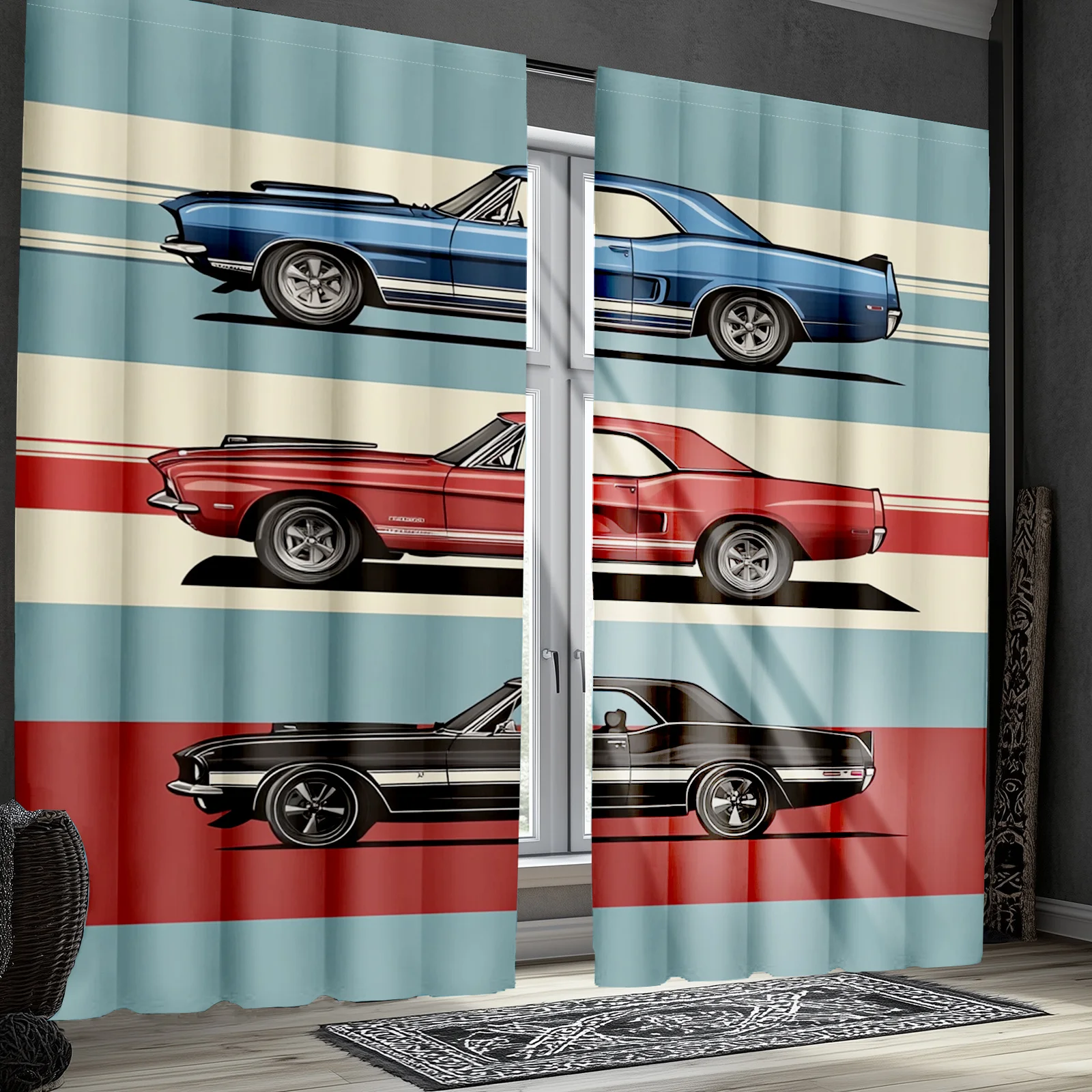 Vintage Muscle Car Curtain Retro Blue Red Black Auto Print Drape, Classic American Vehicle Window Treatment for Garage Man Cave