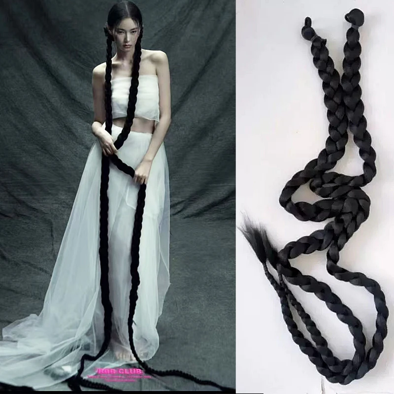 Synthetic Long Box Straight Braided Hair Extension Ponytail Elastic Rubber Band Clip-in Black Hairpiece for Women Daily