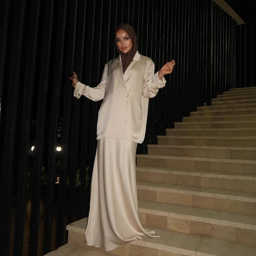 

Long Skirt 2025 Spring New Stylewomen's Clothing Solid Color Arabic Satin Suit High-end Long Skirt Two-piece Set Muslim Fashion