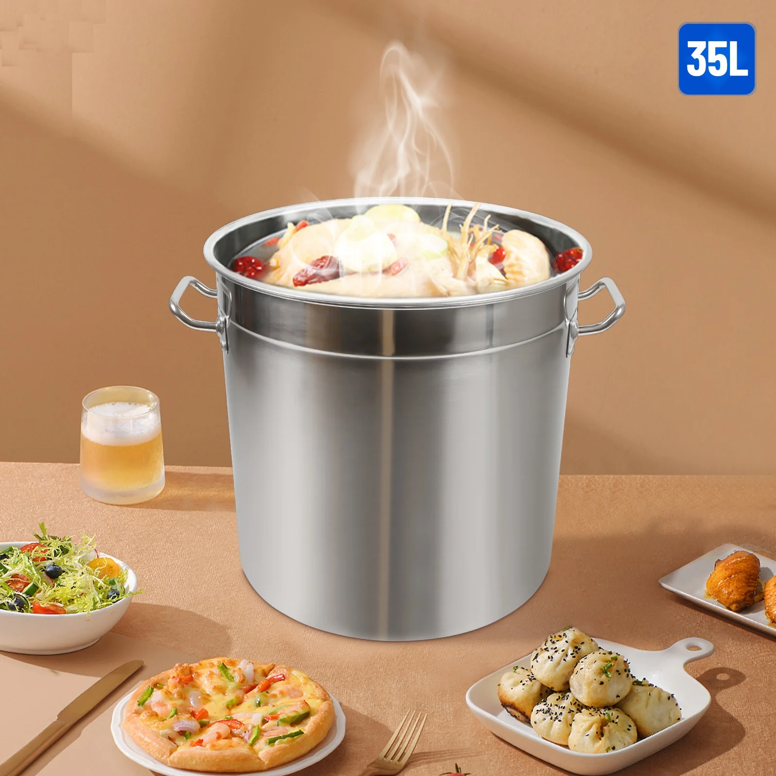 

35L Stainless Steel Stockpot Large Capacity Stock Pot Bucket Water Pitcher Steamer Tall Cooking Pot with Lid