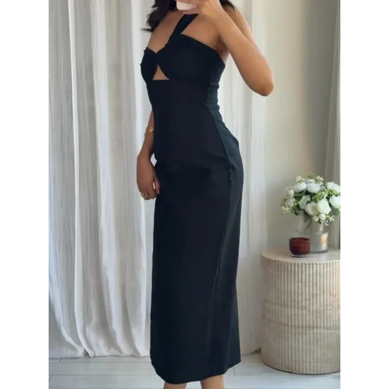 

Women's Asymmetric Hollow Mid-Length Dress with Wide Straps Slim Fit Slit Maxi Design Backless Summer Sexy Party Dress Style