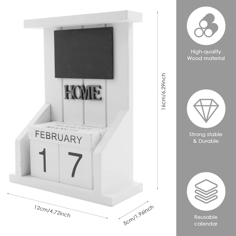 Wooden Desk Block Calendar-Perpetual Calendar Month Date Display Home Office Decoration (White)