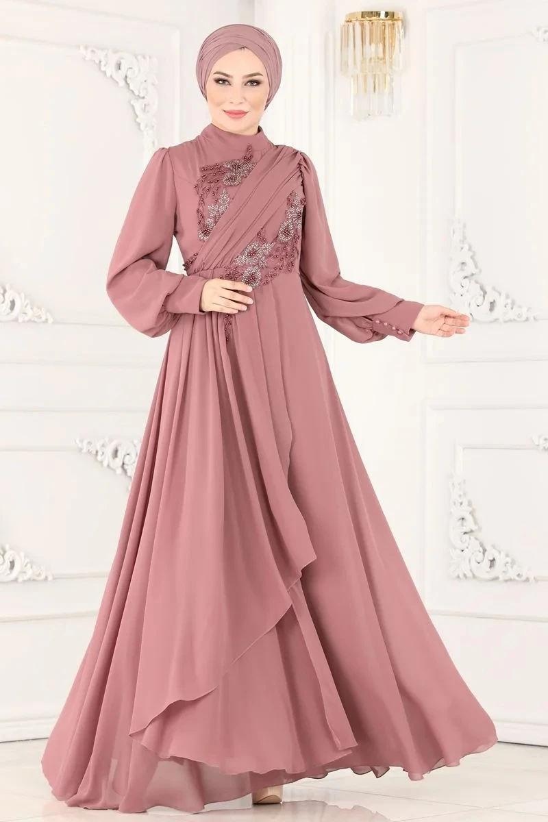 

High Neck Muslim Evening Dresses Chiffon Appliques Long Sleeve Islamic Hijab Formal Party Gown Arabic Dubai Robe De Soiree