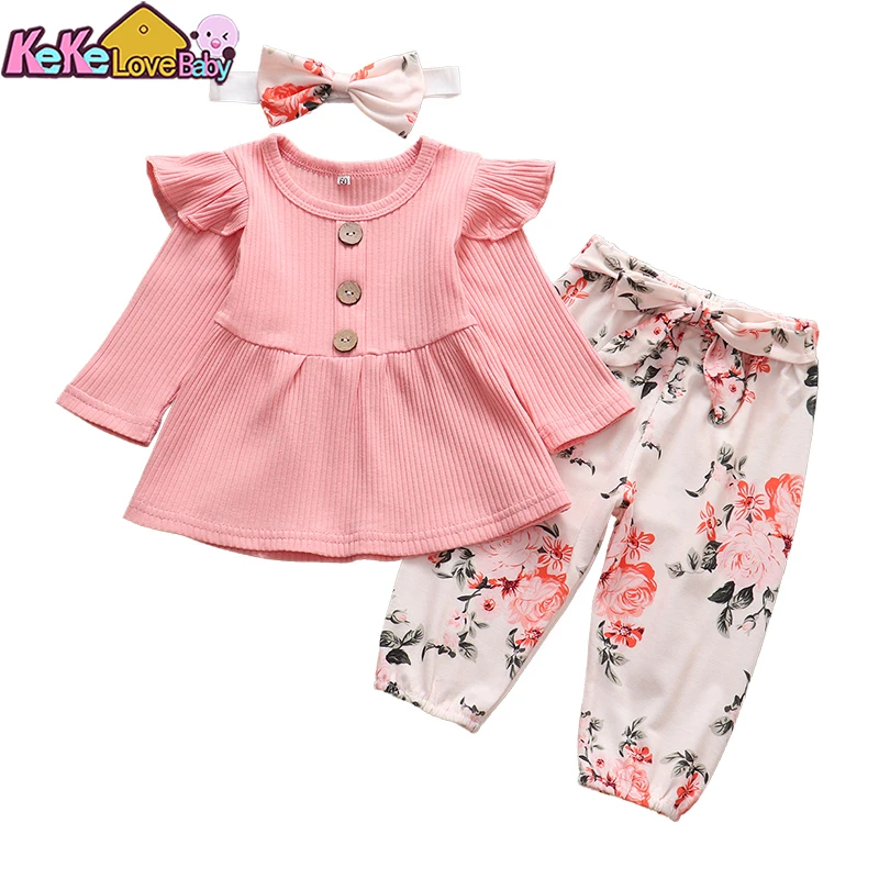 Baby Girl Clothes Newborn Infant 3Pcs Set Solid Color Knitting Long Sleeve Top Floral Print Pants Headband Casual Toddler Outfit