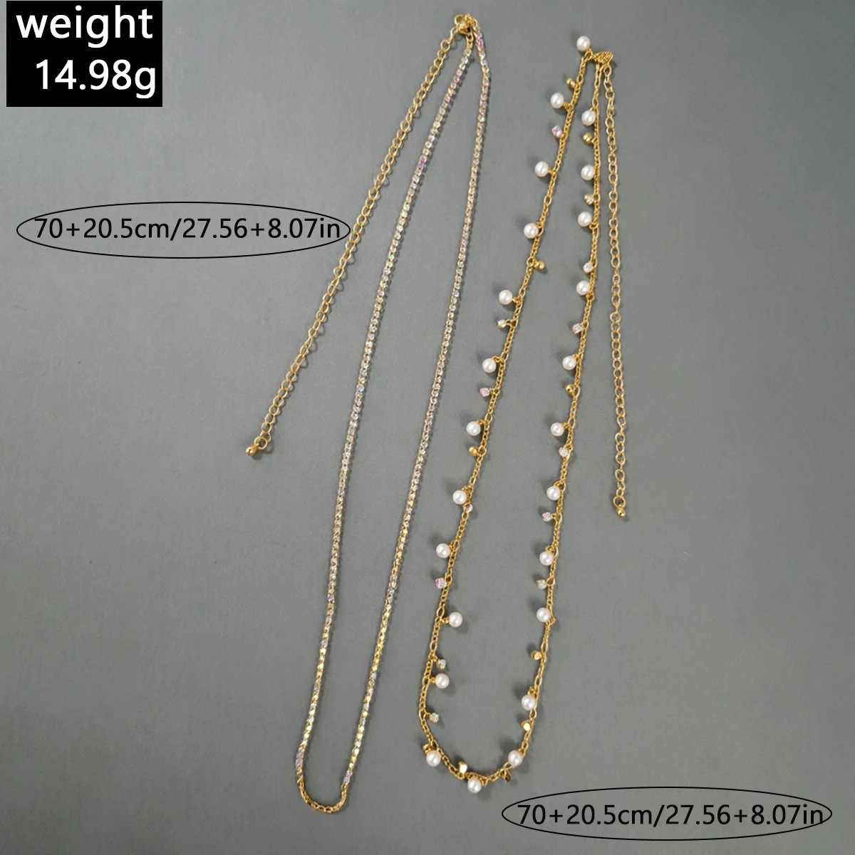 Docona Fashion Metal Waist Chain Colored Rhinestone Imitation Pearl Pendant for Women's Summer Beach Vacation Jewelry