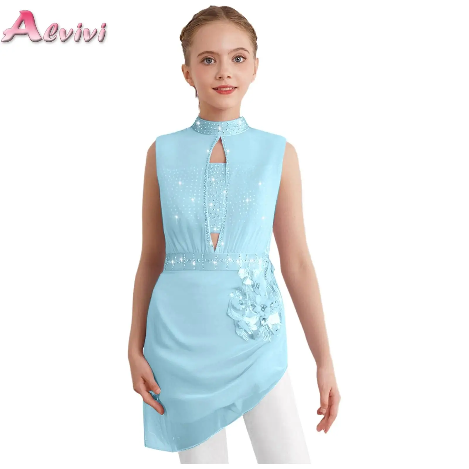 

Kids Girls Figure Skating Rhythmic Gymnastics Leotard Dress Cutout Sheer Applique Shiny Rhinestones Dress Ballerina Dancewear
