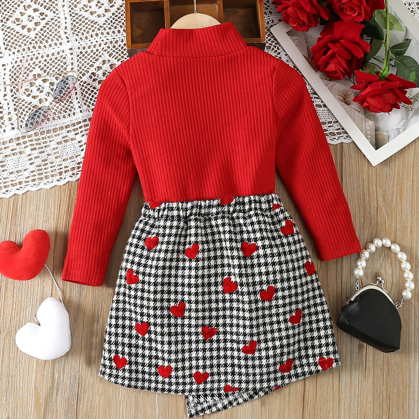 

Adorable Toddler Girl Valentine s Day Ensemble Cozy Long Sleeve Top with Heart Print and Plaid Skirt Set