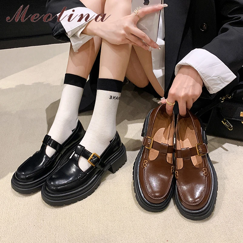 Meotina Women Genuine Leather Round Toe Platform Flats T-Strap Buckle Ladies Fashion Casual Shoes Spring Autumn Brown 40