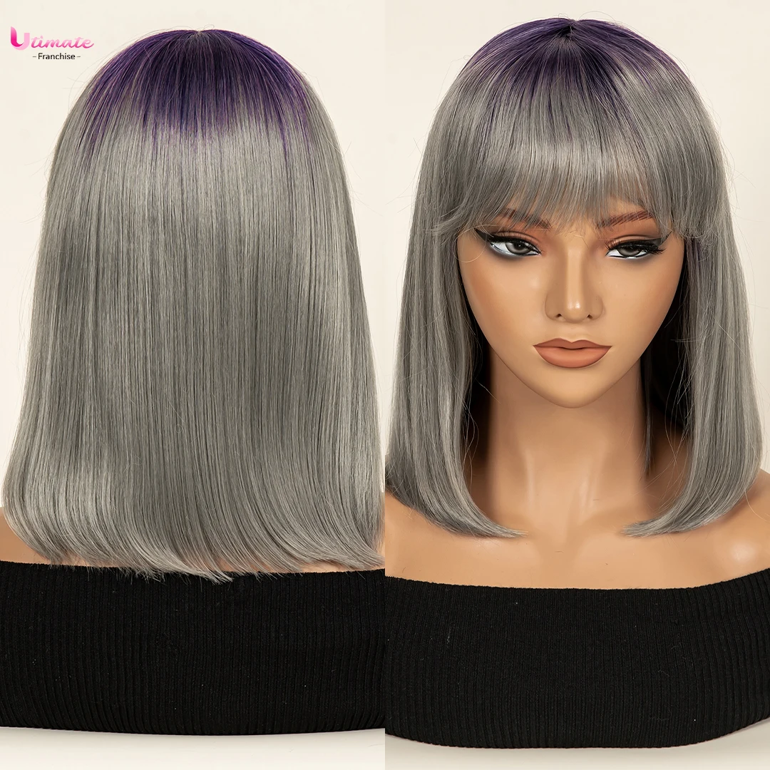 

Парики Боб Синтетические волосы Remy Прямые синтетические волосы Парик с челкой Фиолетовый-Charcalqraq Цвет 12 дюймов Полный машинное производство Подходит для женщин