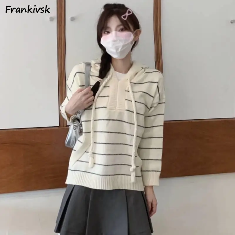 

Hooded Sweaters Women Striped Lace-up All-match Korean Preppy Style Simple Leisure Pullover Loose Minimalist Hipster Panelled