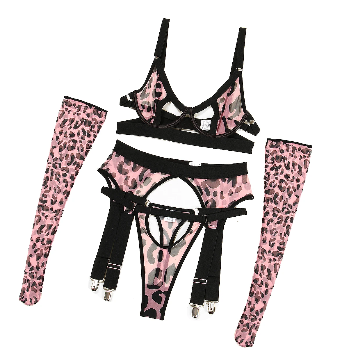 MUZISKAT Explosion 2024 New Sexy Leopard Print Erotic Mesh See-Through Shapewear Lingerie Four-Piece Set Onlyfans