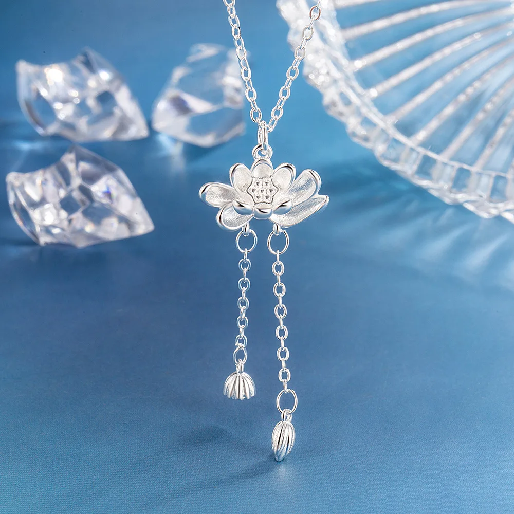 

925 Sterling Silver Necklace Modern Oriental Lotus Pendant Ladies Fashion Simple Birthday Party Wedding Anniversary Jewelry Gift