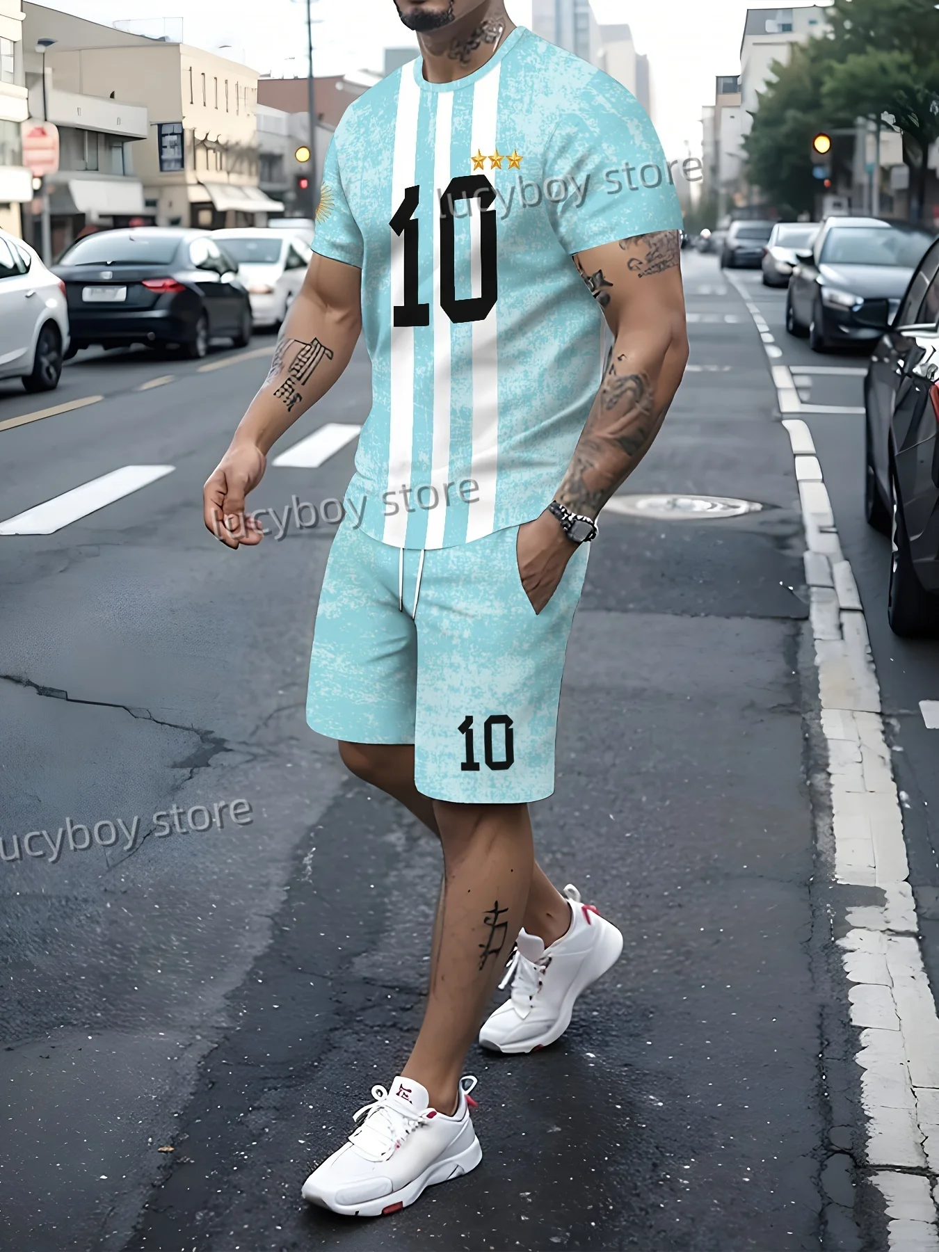 Men Stripe Number 10 Print 2 Piece Set Men T-Shirt Shorts Pants Suit Short Tracksuit Vintage Outfit Sportswear Male Clothing