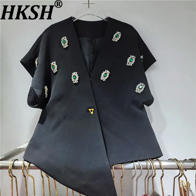 

HKSH Spring Autumn New Women Waistcoat V-neck Single Button Studded Colorful Daimonds Luxury Chic Sleeveless Blazer Vest HK12323