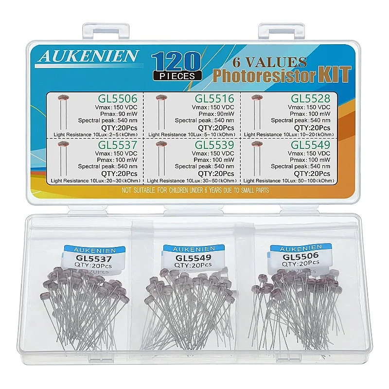 AUKENIEN Photoresistor LDR 6 Values Pack of 120 Photoresistor GL5506 GL5516 GL5528 GL5537 GL5539 GL5549 5MM Photo Resistor Kit