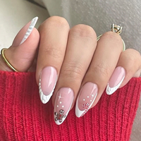 24PCS Christmas Medium Almond French White Edge Sharp Fake Nail Bare Pink Full Coverage Gingerbread Man Cane Acrylic Nail
