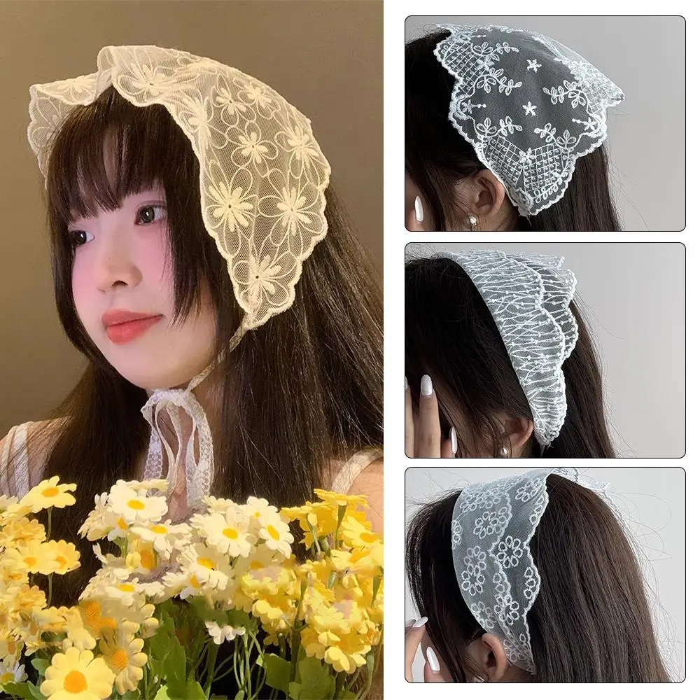 

Headscarf White Lace Turban Triangle Lace Scarf Travel Photo Headband Thin Ribbon Hair Scrunchies Vintage Hair Accessories