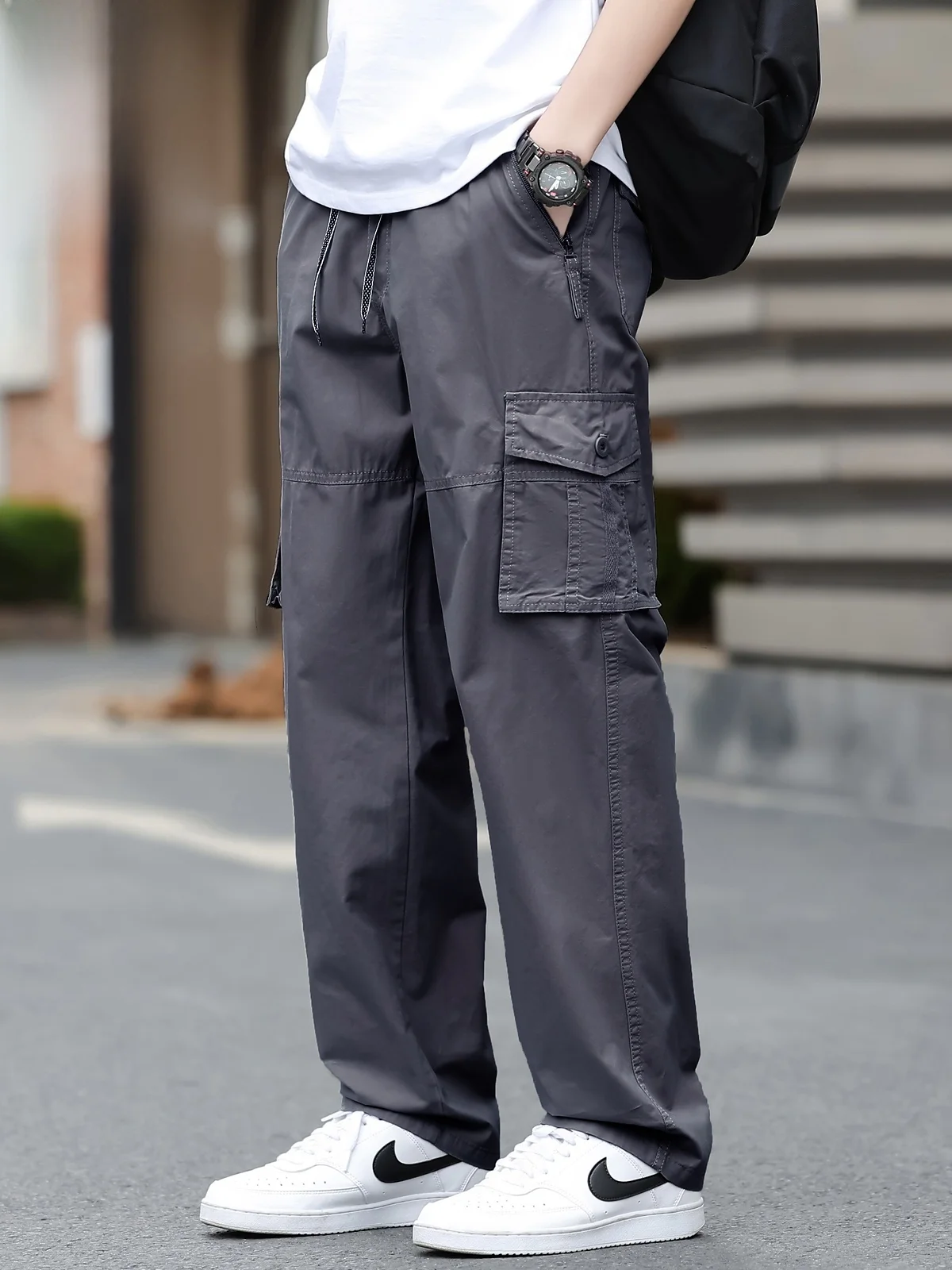 

Men's Casual Cotton Straight Leg Pants Spring 2026 Trendy American Multi-ket Workwear Loose Fit Youthful Sle