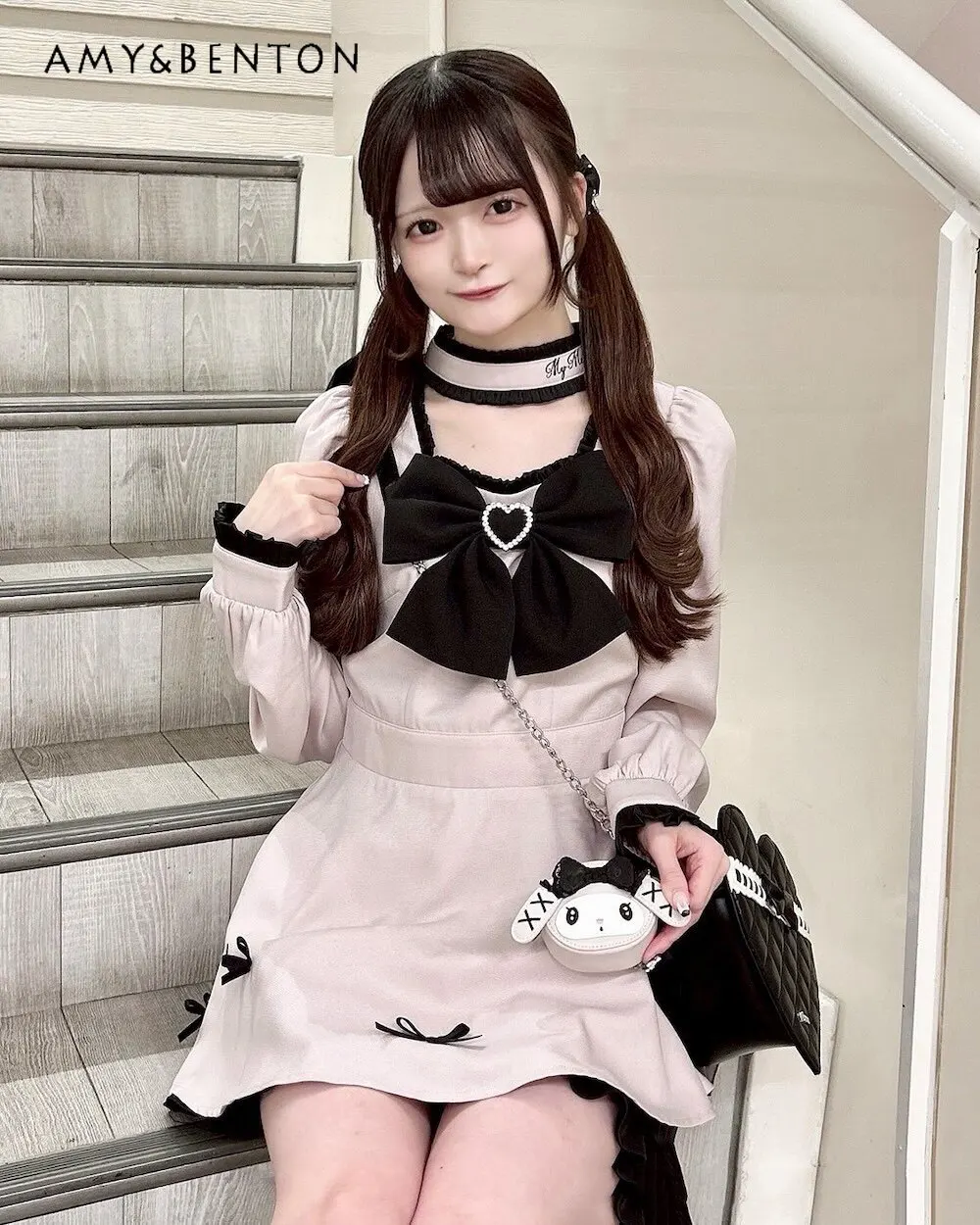 

Japanese Cute College Style Big Bow Long-sleeved Dress Sets Women Slim Mini Dress Ruffle Edge Shorts Mine Series Two-piece Set