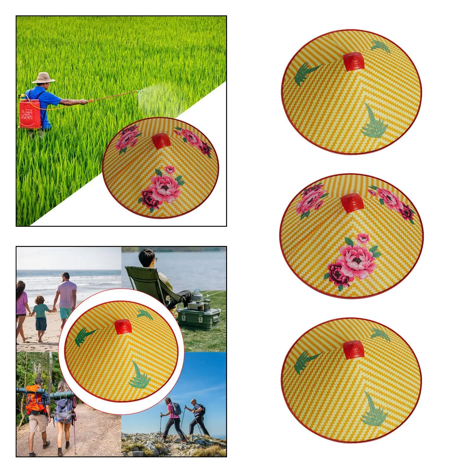 Braided Hat Asian Conical Imitation Bamboo Weaving Fishing Sun Hat PP Material Retro Traditional Outdoor Adjustable Drawstring