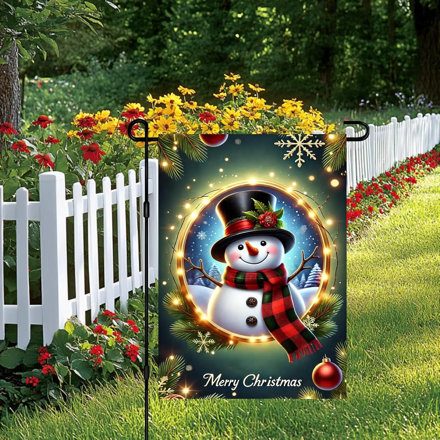 Christmas Garden Flag Welcome 12×18 Inches Featuring Snowman Christmas Tree Snowflakes Lights And Festive Decorations Perfec yyi