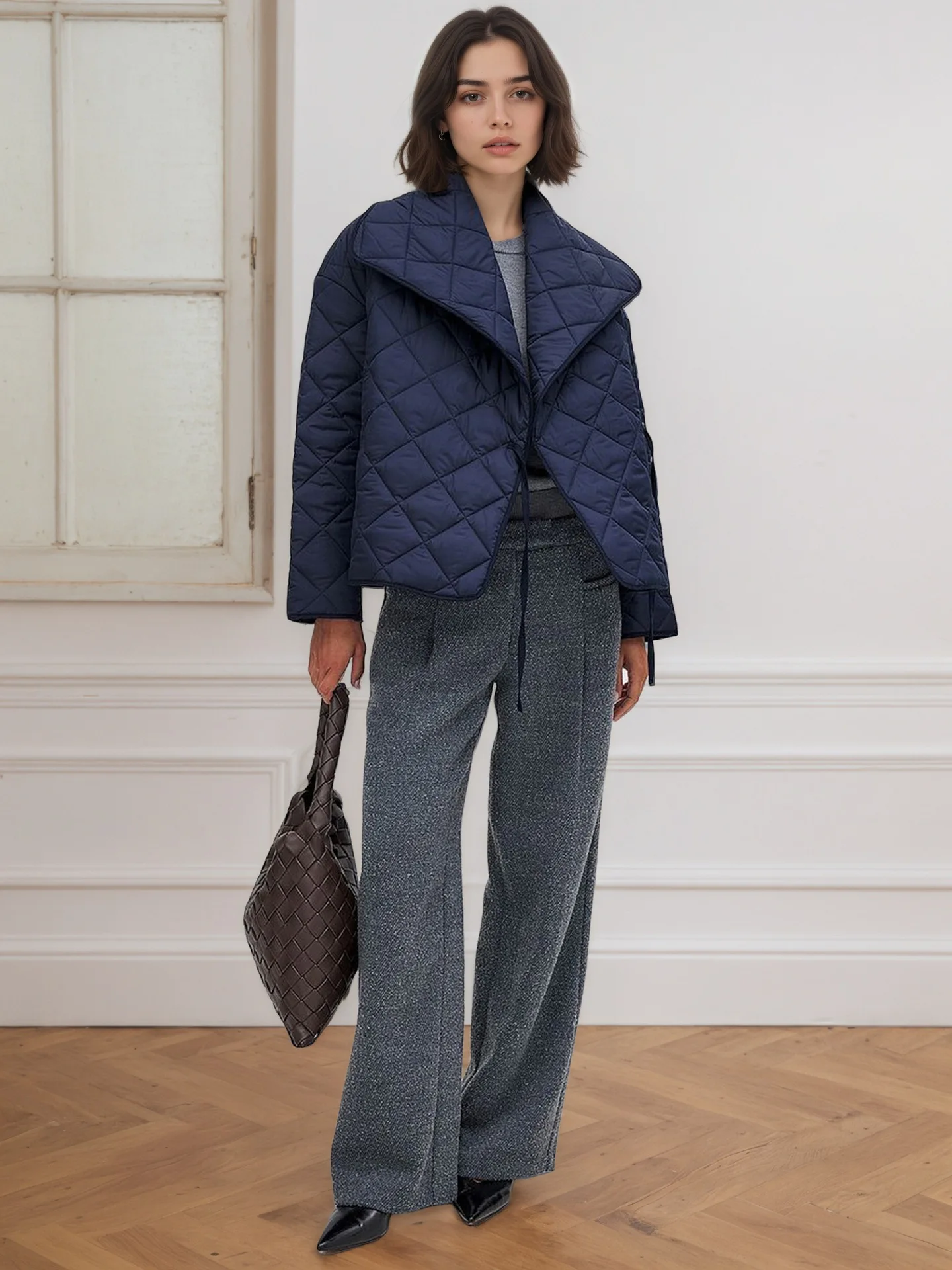 HZXVic Chaqueta de cuello grande a la moda para mujer, color azul marino, rejilla de diamantes, acolchada, corta, holgada, tono de algodón