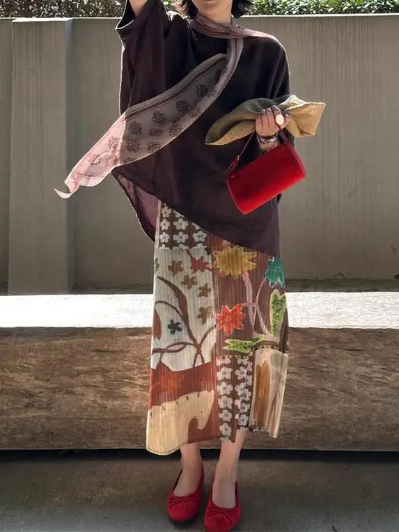 Khaki Graffiti Print Asymmetrical Splicing Half Skirt Women Summer Windgown Pleated Midi Skirt High Waist Elastic Back Zipper