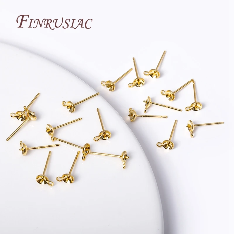 3/4MM 18K Gold Plated Pearl Post Earring Mounting Findings with Closed Ring For DIY Pearl Earring Jewelry Making Accessories