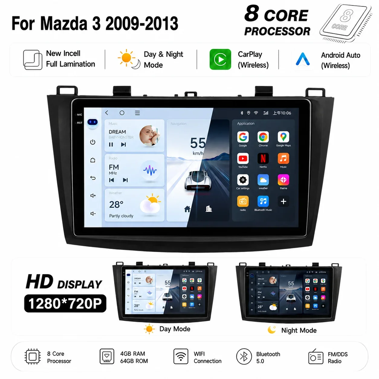  Android 15 Car Radio For Mazda 3 2009 2010-2013 Multimedia Player Carplay Stereo  With GPS Head Unit WIFI BT  full lamination