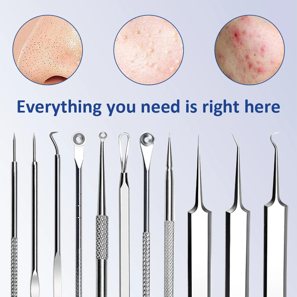 11PCS Acne Mee-eter Verwijderen Naalden Kit Mobiele Puistjes Mee-eter Clip Pincet Comedo Smet Extractor Gezicht Huid Schoonheid Gift
