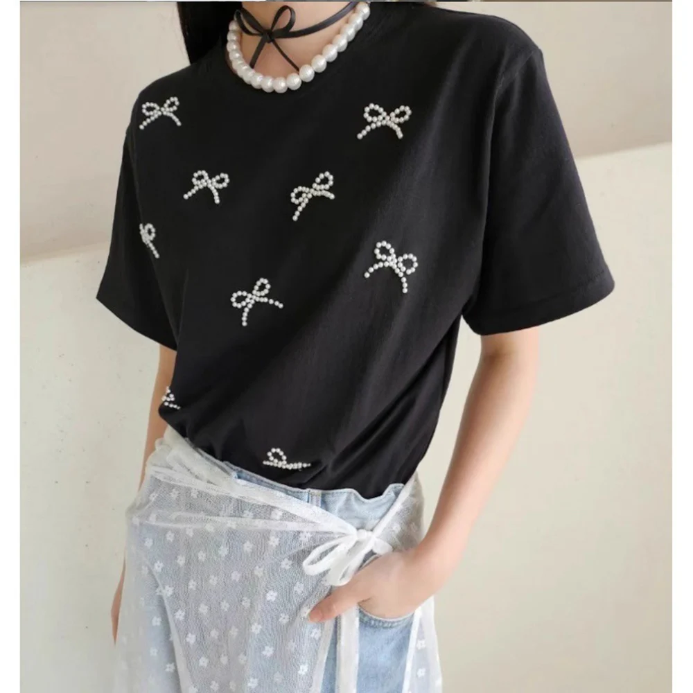 

Women's Simple Solid Color T-shirt Summer Casual Slim Fit O-neck Collar Beaded Bows Design Short Sleeved Pullover Female Tops