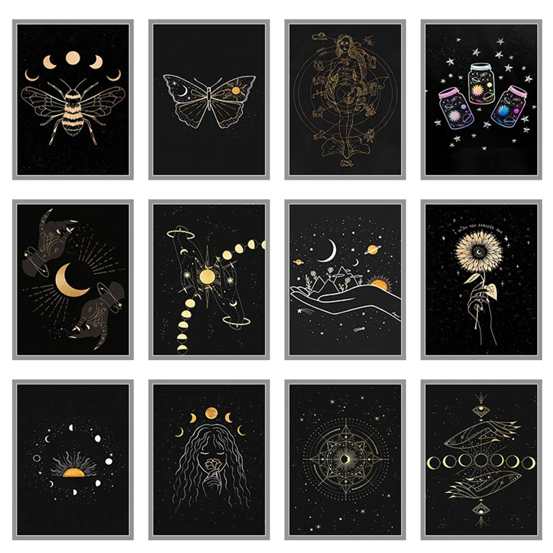 Black Gold Poser Modern Abstract Lunar Eclipse Painting Dragonfly Butterfly Living Room Background Wall Art Home Decoration