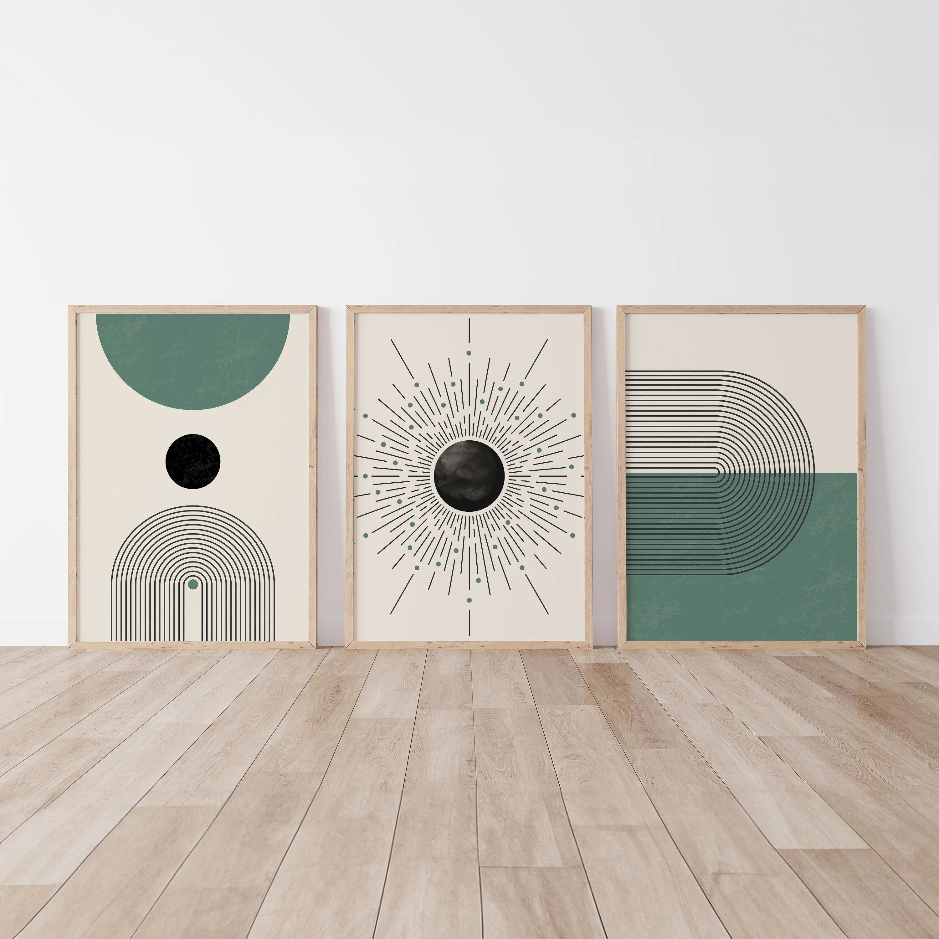 Boho Wall Art Set, Neutral Modern Wall Art, Mid Century Art Prints, Abstract Geometric, Green, Black Rainbow Wall Art