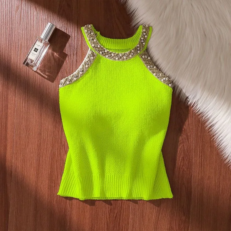 Womens Summer Crochet Sleeveless Sweater Vest Round Neck Pearl Gold Korean Fashion Knit Tank Tops Casual Loose Cami Tops